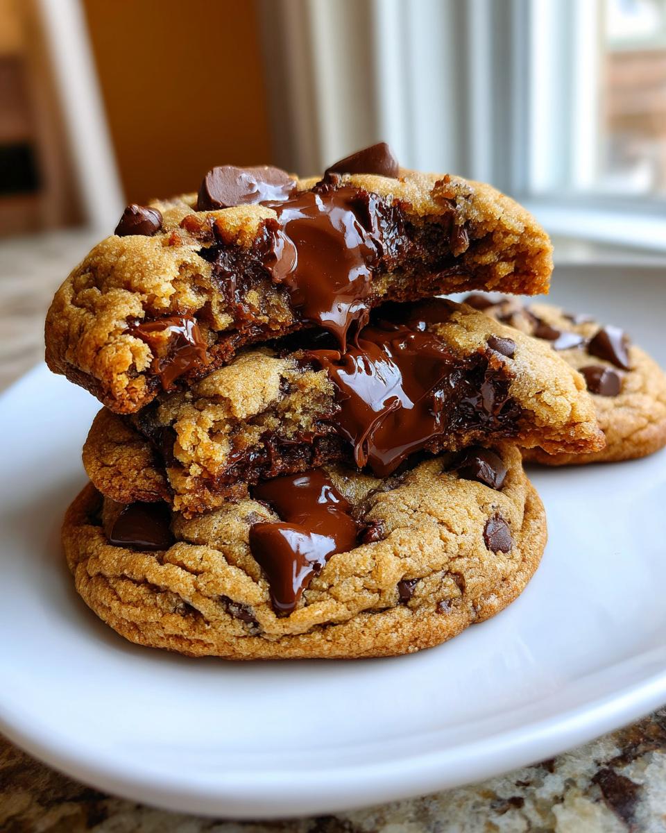 A stack of freshly baked chocolate chip cookies, with the top one broken open revealing melted, gooey chocolate.