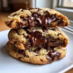Close-up of two stacked, broken chocolate chip cookies revealing a gooey, melted chocolate center.