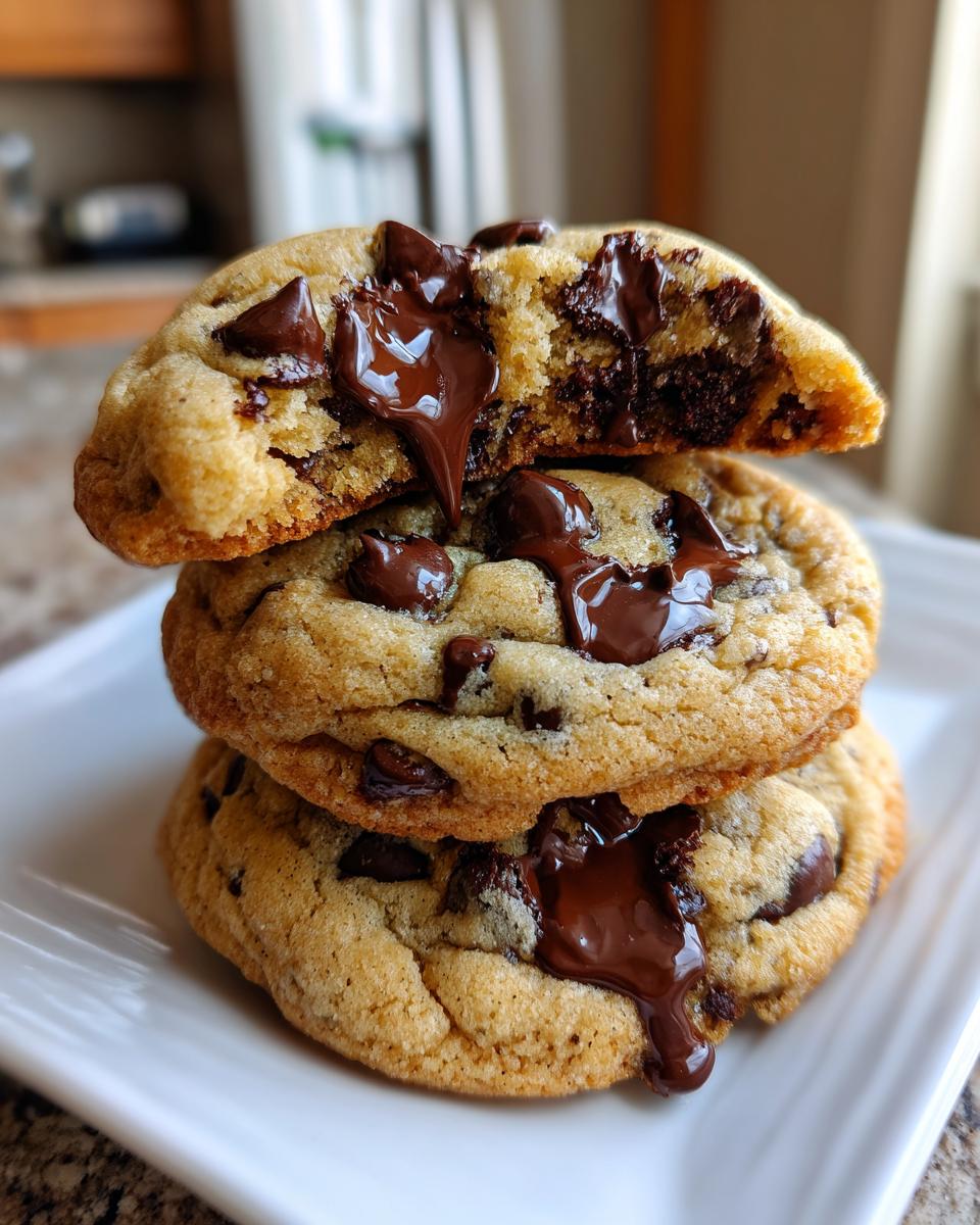 A stack of three gooey chocolate chip cookies with melted chocolate dripping down the sides.