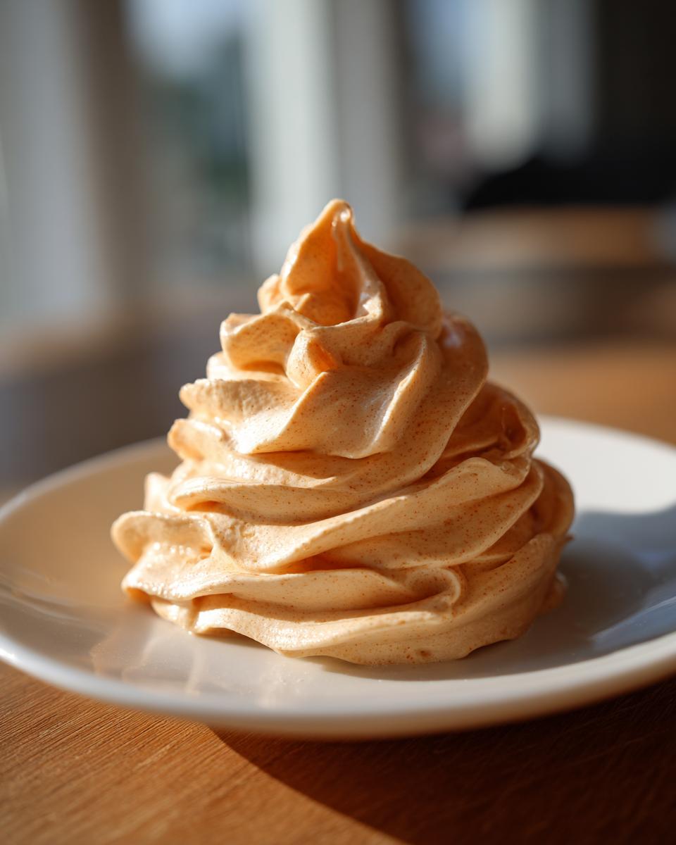A beautifully piped swirl of light brown cinnamon butter on a small white plate.