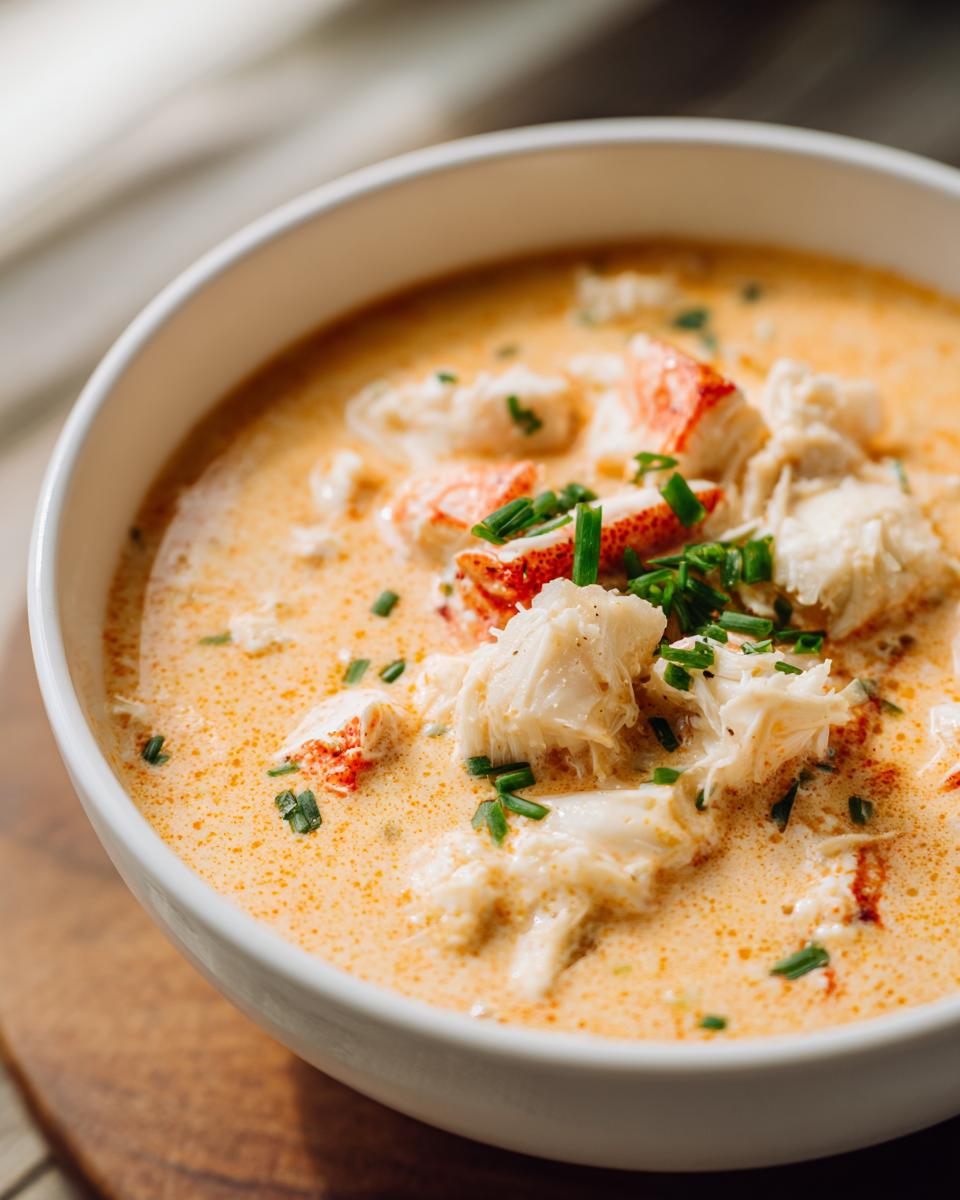 Close-up of a rich, velvety bowl of amazing crab soup topped with large chunks of white crab meat and fresh chives.