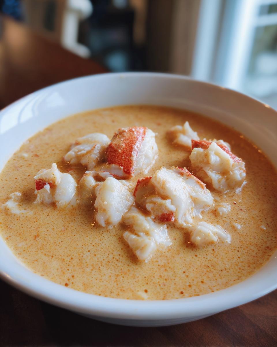 Close-up of a white bowl filled with rich, velvety crab soup topped with generous chunks of white and red crab meat.