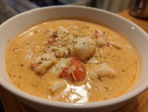 Close-up of a white bowl filled with rich, orange-hued crab soup topped with large chunks of white crab meat.