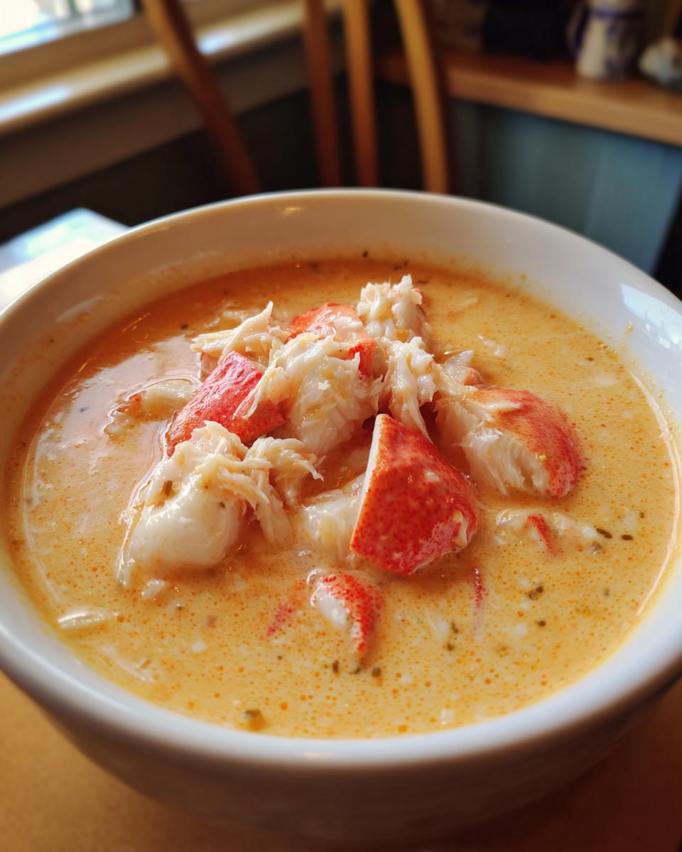 Close-up of a white bowl filled with rich, velvety crab soup topped generously with large chunks of white and red crab meat.