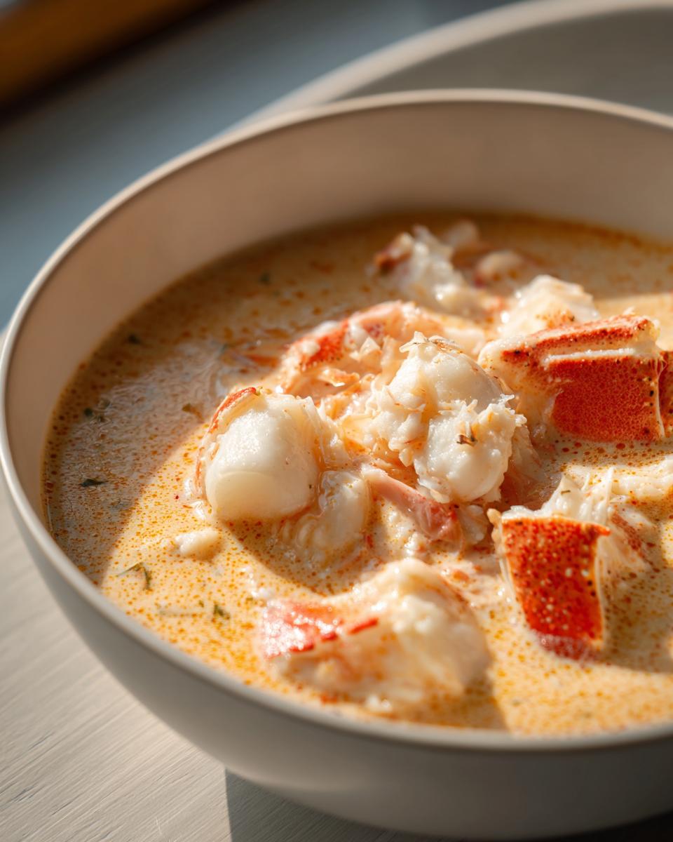 Close-up of a creamy, rich bowl of crab soup topped with generous chunks of white and red crab meat.