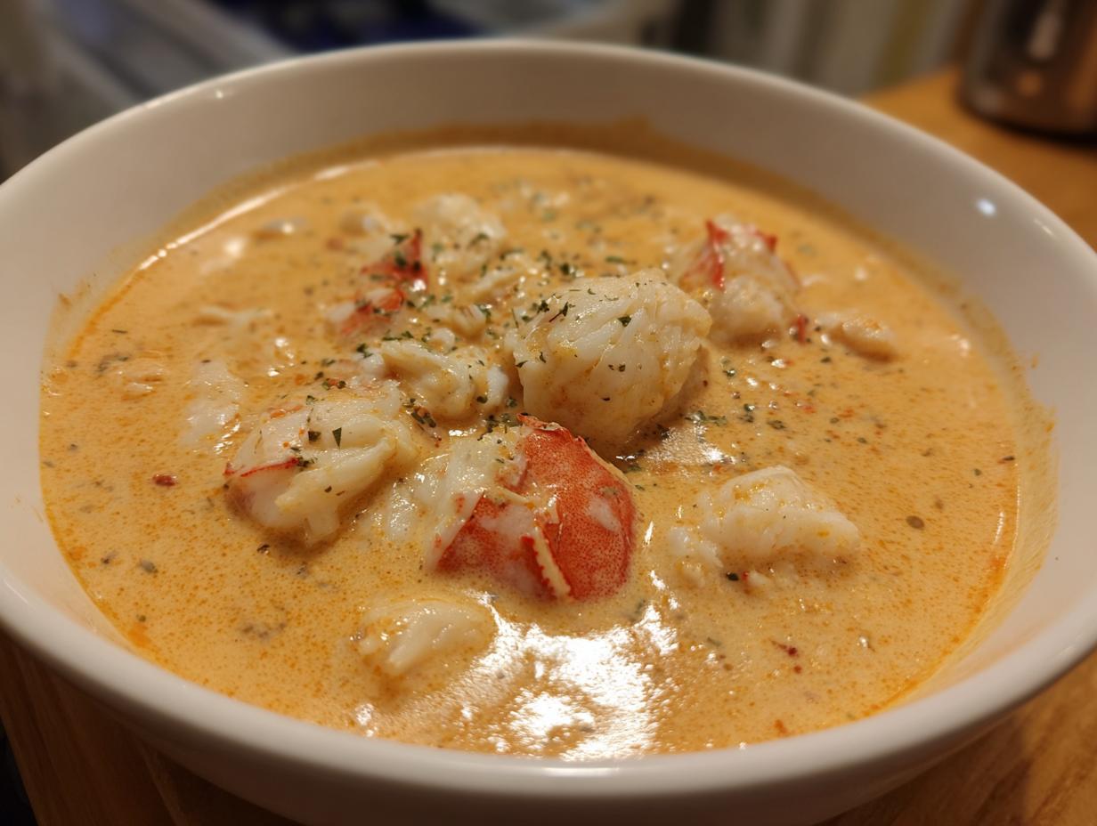 Close-up of a white bowl filled with rich, orange-hued crab soup topped with large chunks of white crab meat.