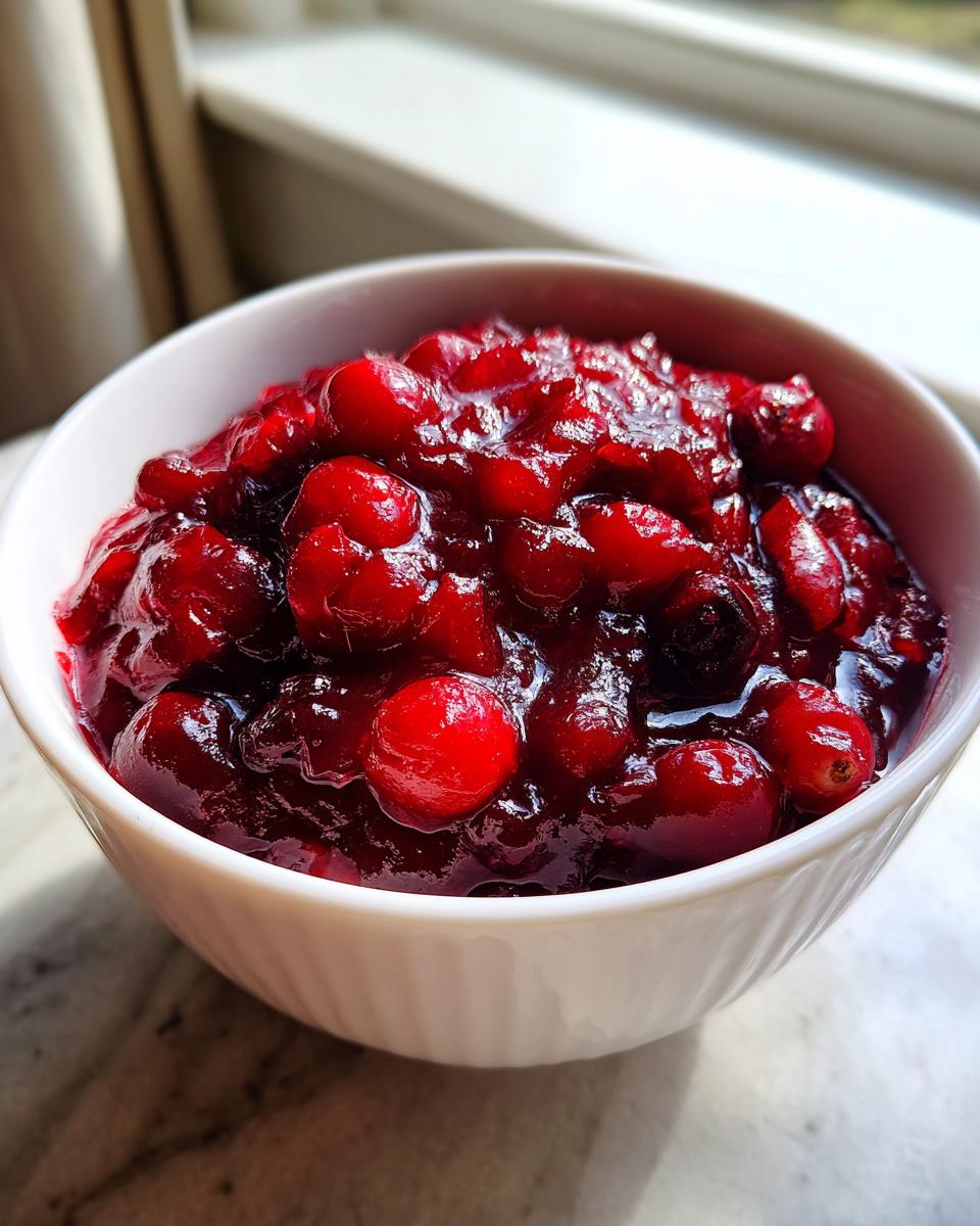 Close-up of vibrant, chunky homemade cranberry sauce served in a small white bowl.
