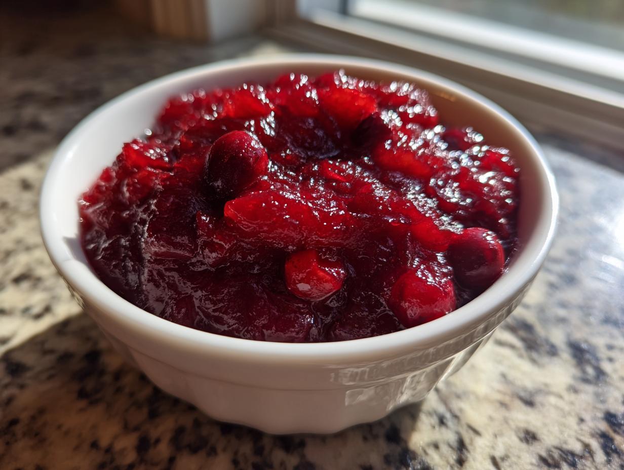 Close-up of homemade cranberry sauce, rich red and chunky, served in a small white bowl.