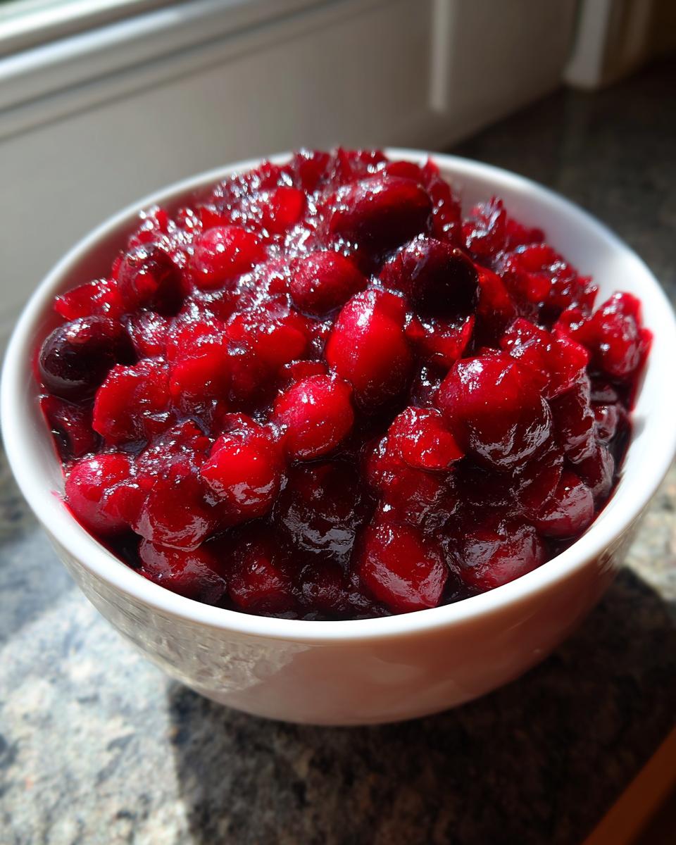 Close-up of chunky, homemade cranberry sauce in a white bowl, glistening in the sunlight.
