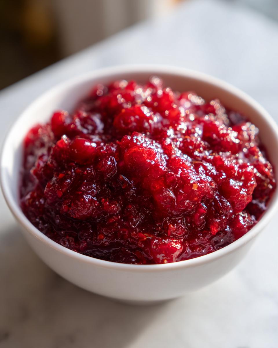 Close-up of rich, chunky homemade cranberry sauce served in a small white bowl.