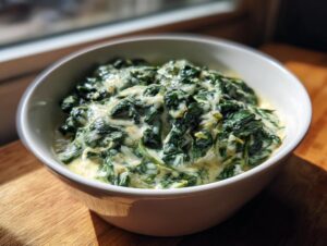A close-up of rich, delicious creamed spinach recipe served in a white bowl on a wooden surface.