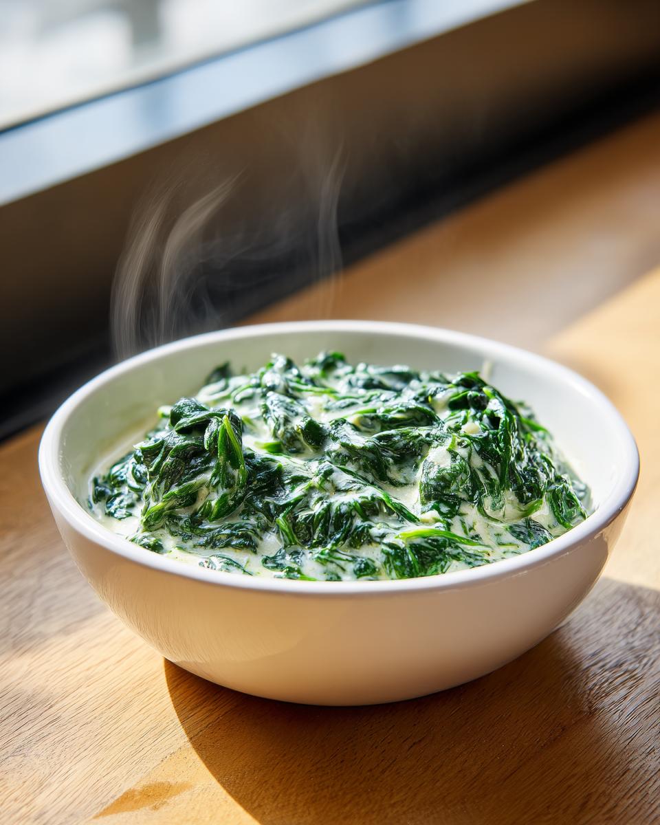 A white bowl filled with hot, steaming amazing creamed spinach recipe served on a wooden surface.