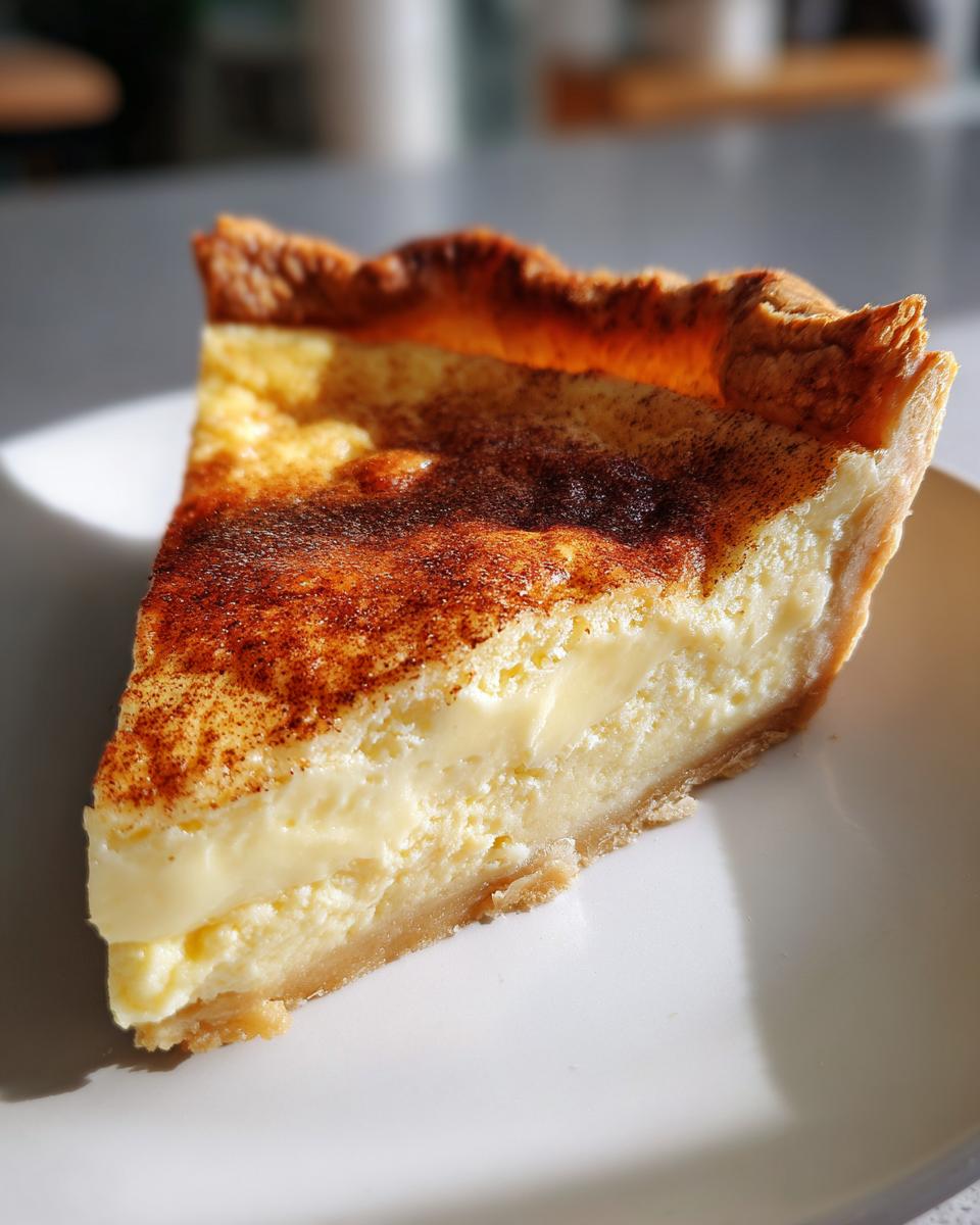 A close-up slice of amazing custard pie showing a creamy filling and a top dusted with cinnamon.