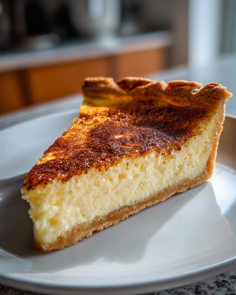 A perfect slice of amazing custard pie with a creamy yellow filling and a dark, spiced, baked top.