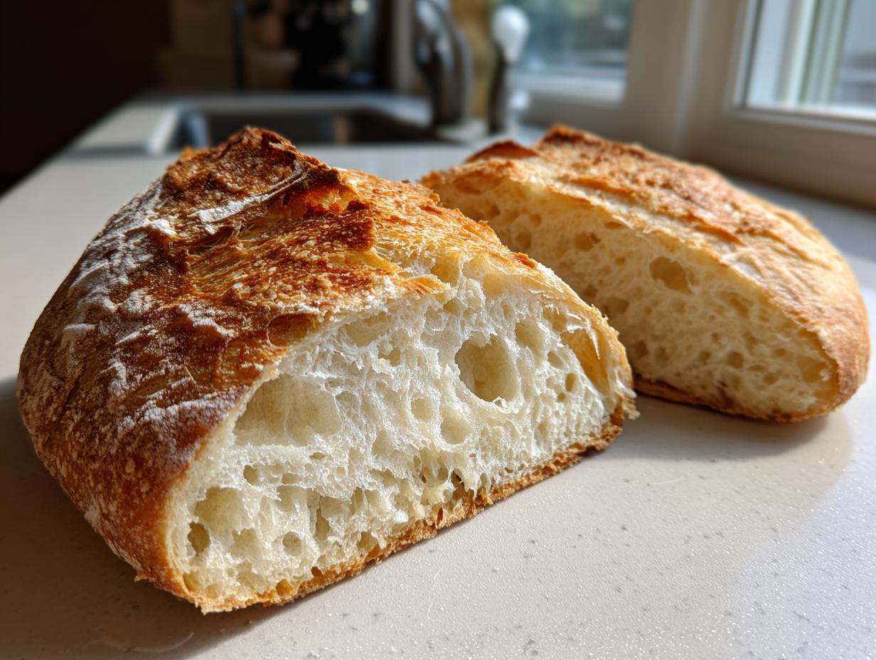 Close-up of homemade french bread cut in half showing an open, airy crumb structure and golden crust.