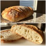 A composite image showing a whole french bread loaf and a slice revealing its open, airy crumb structure.