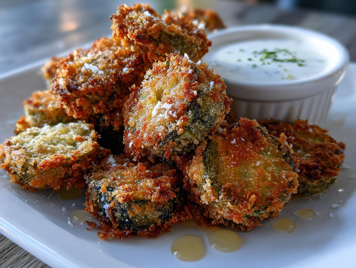 A pile of golden brown, crispy Fried Pickles dusted with cheese, served with a side of creamy dipping sauce.