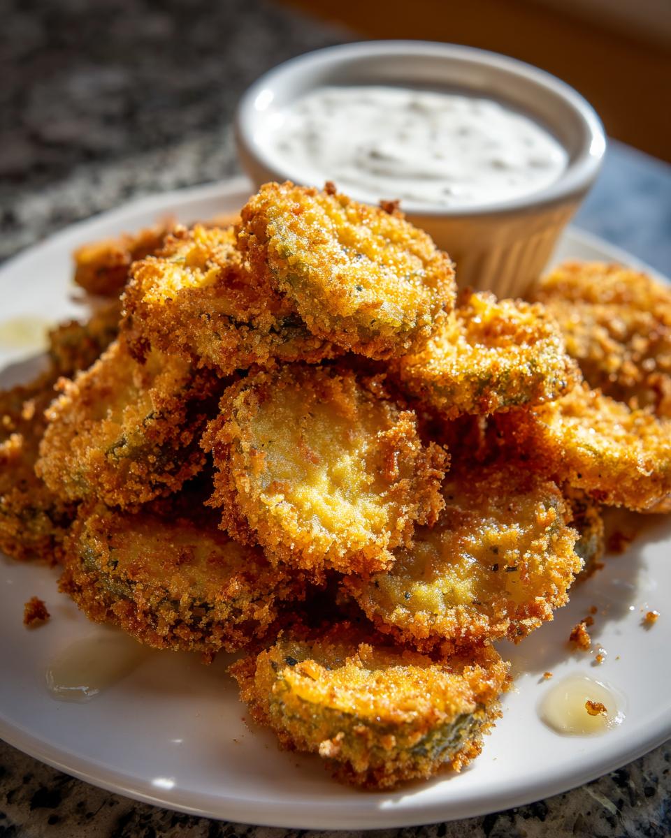 A pile of golden brown, crispy Fried Pickles served on a white plate next to a small bowl of white dipping sauce.