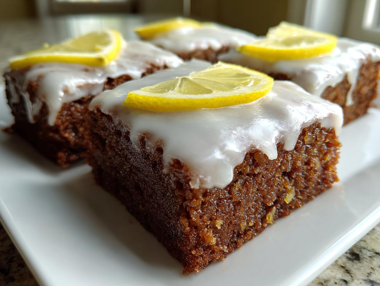 Close-up of several rich, moist lemon brownies topped with thick white glaze and a thin slice of fresh lemon.