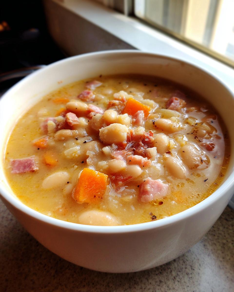 Close-up of a white bowl filled with creamy navy bean soup, diced ham, and carrots, seasoned with pepper.