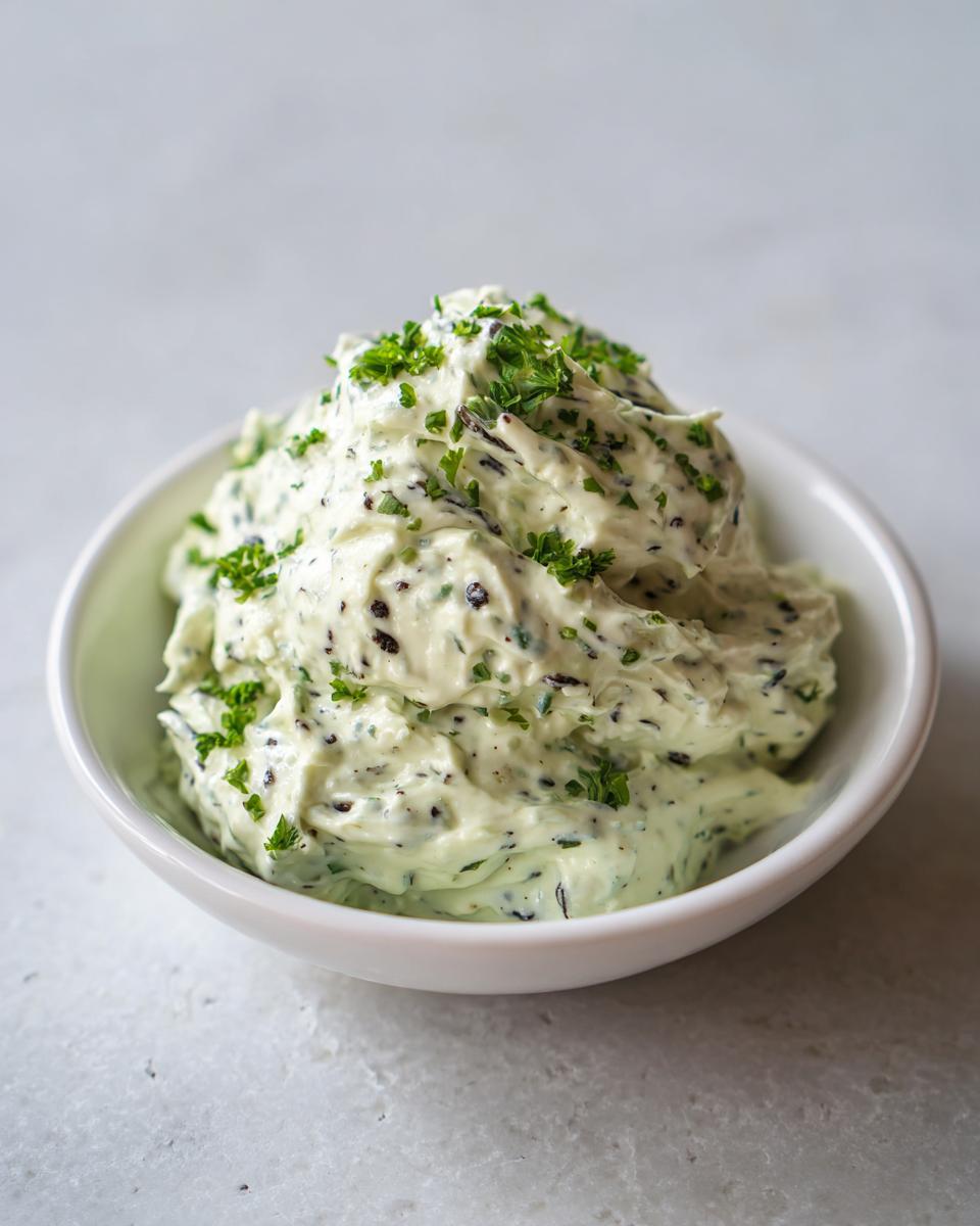 A close-up of a creamy, light green olive dip swirled high in a white bowl and topped with fresh parsley.