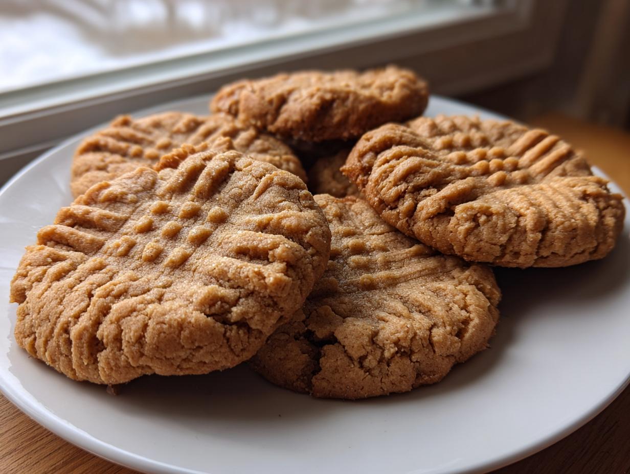 A close-up of several freshly baked peanut butter cookies with classic crosshatch fork marks, served on a white plate.