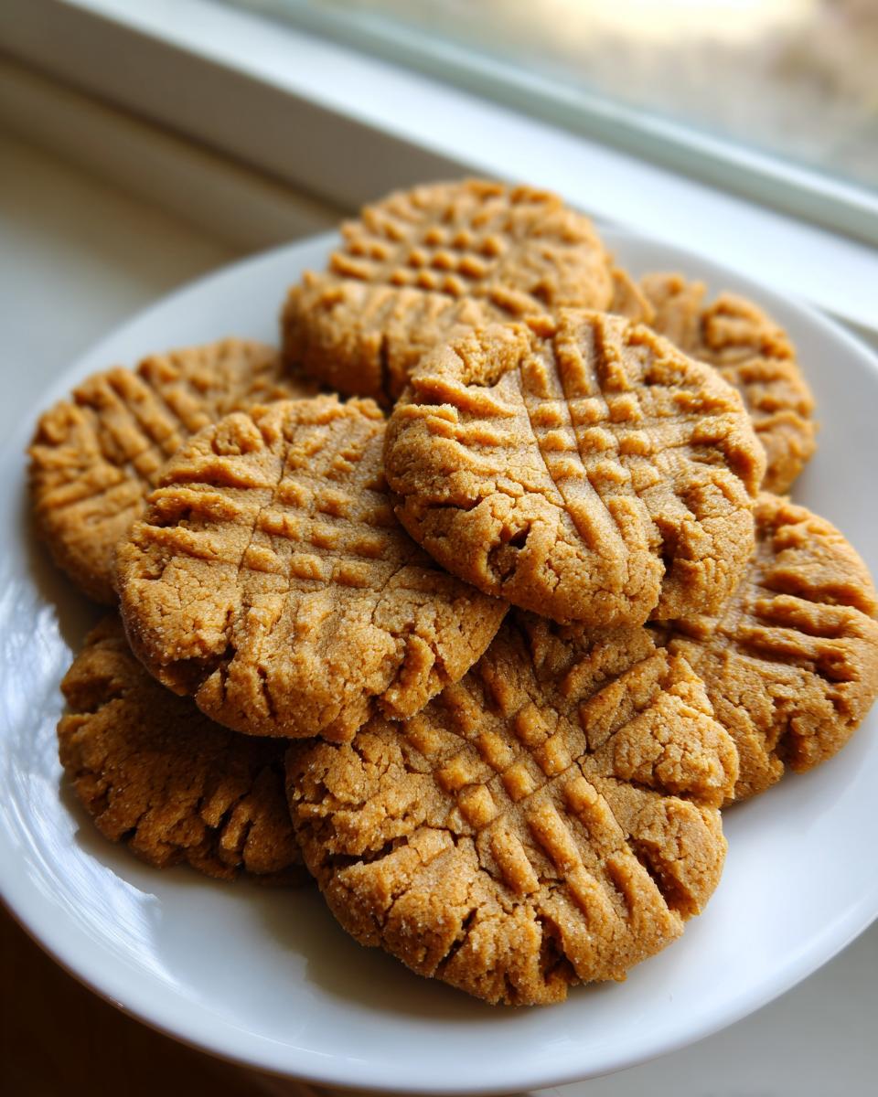 A stack of classic, criss-cross patterned peanut butter cookies resting on a white plate near a window.