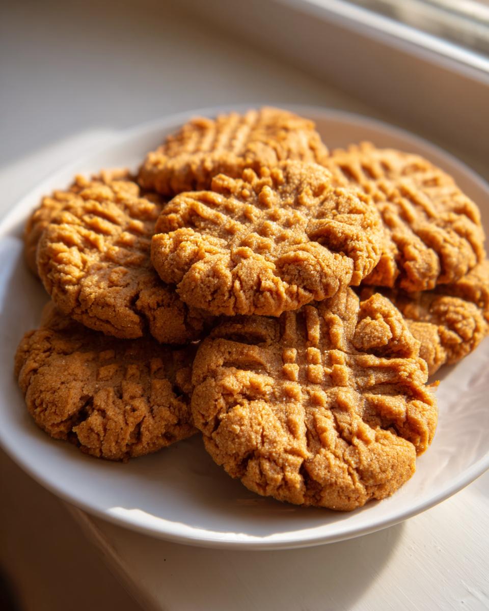 A stack of golden brown peanut butter cookies with classic crisscross fork marks on a white plate.