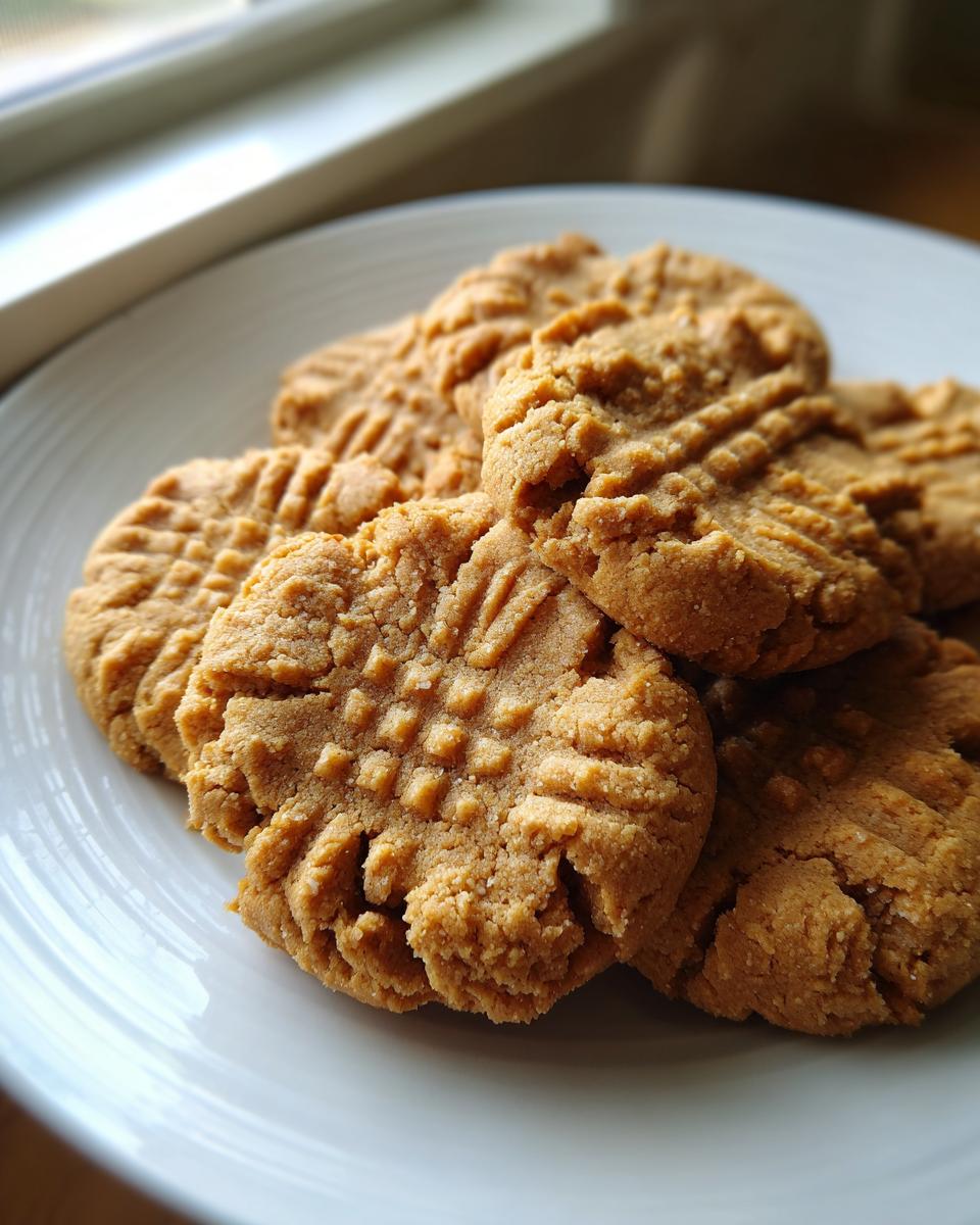 A close-up of several classic peanut butter cookies with crosshatch fork marks stacked on a white plate.