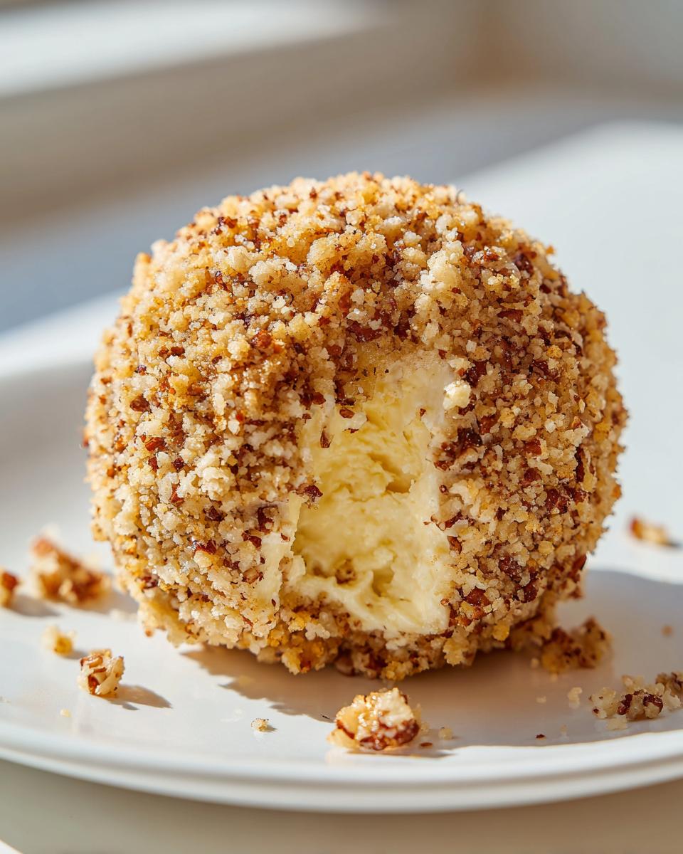 A close-up photo of a pineapple cheese ball, showing a creamy interior where a piece has been taken, coated in chopped nuts.