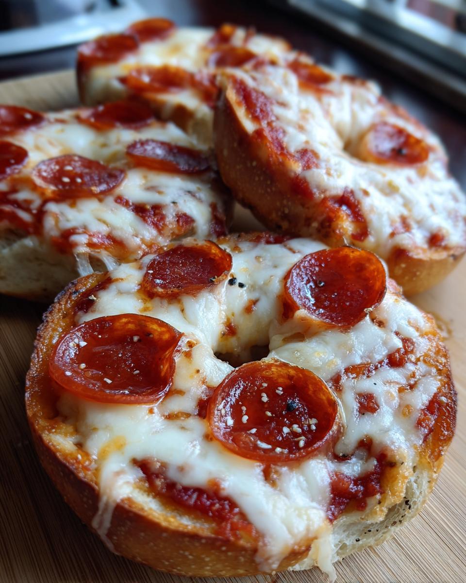Close-up of freshly baked pizza bagels topped with melted mozzarella cheese and pepperoni slices.