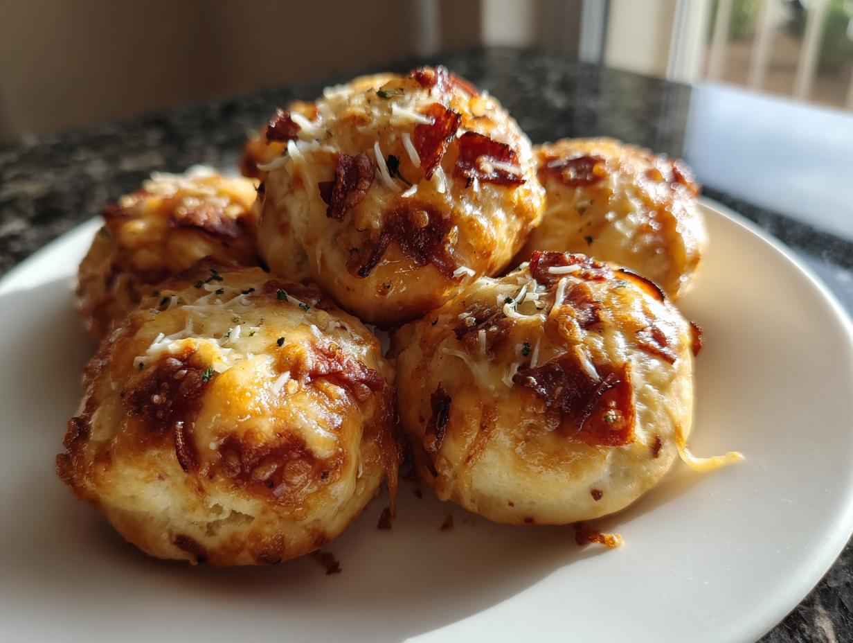 Close-up of several golden brown pizza bites topped with melted cheese and bacon bits, served on a white plate.