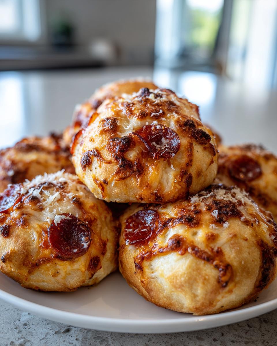 A close-up stack of freshly baked pepperoni pizza bites topped with melted cheese and parmesan.