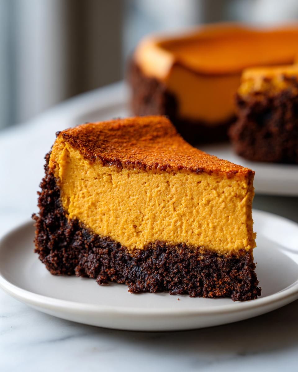 A close-up slice of amazing pumpkin cheesecake featuring a thick, vibrant orange filling and a dark chocolate crust.