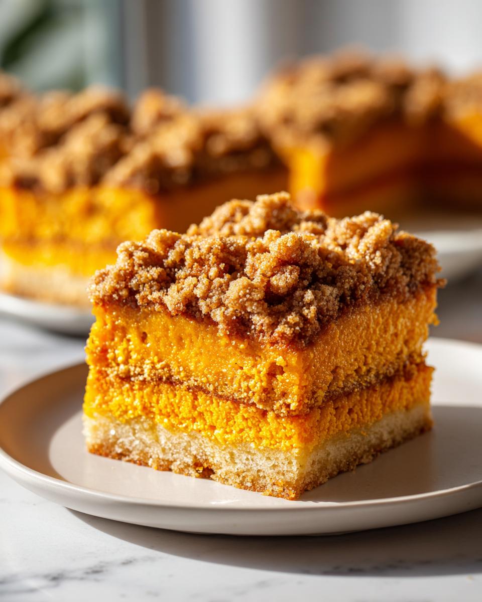 Close-up of a layered slice of pumpkin crunch dessert showing a cake base, two layers of bright orange pumpkin filling, and a thick crumb topping.