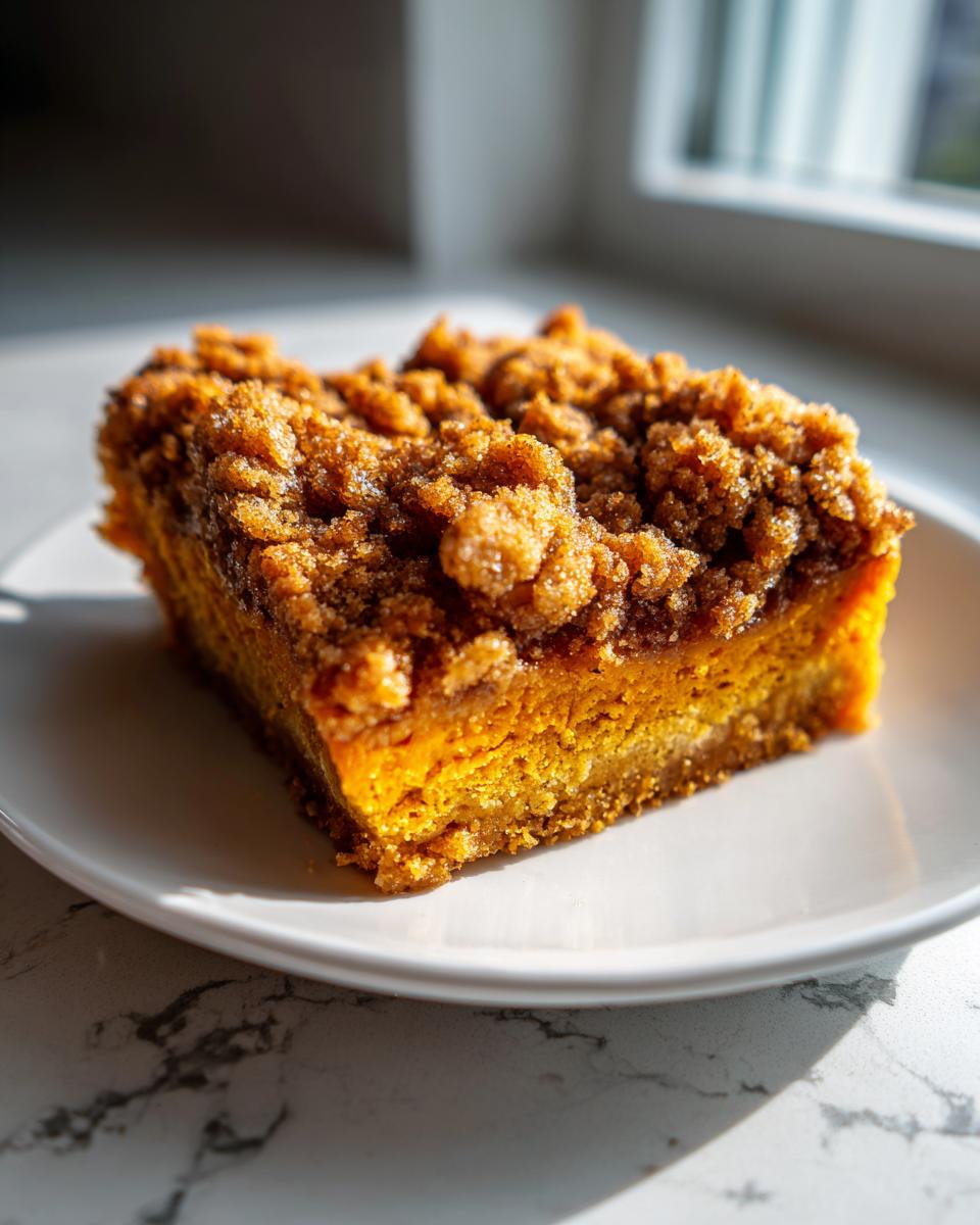 A close-up of a square slice of rich orange pumpkin crunch dessert topped with a thick, sugary brown streusel topping.