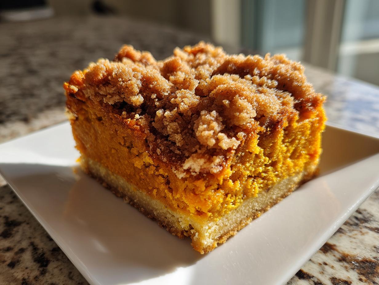A close-up of a rich, orange slice of pumpkin crunch dessert with a thick, crumbly streusel topping on a white plate.