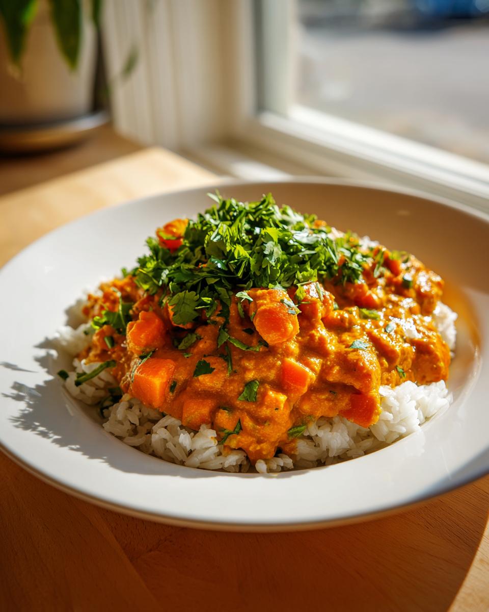 A bowl of rich, orange pumpkin curry with visible chunks of pumpkin served over white rice and topped with fresh cilantro.