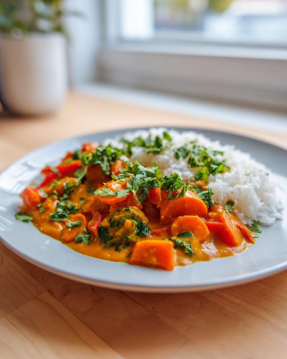 A plate featuring a vibrant pumpkin curry with chunks of sweet potato and broccoli, served alongside white rice and topped with fresh cilantro.