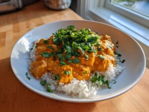 A bowl of creamy orange pumpkin curry served over white rice and topped with fresh cilantro.