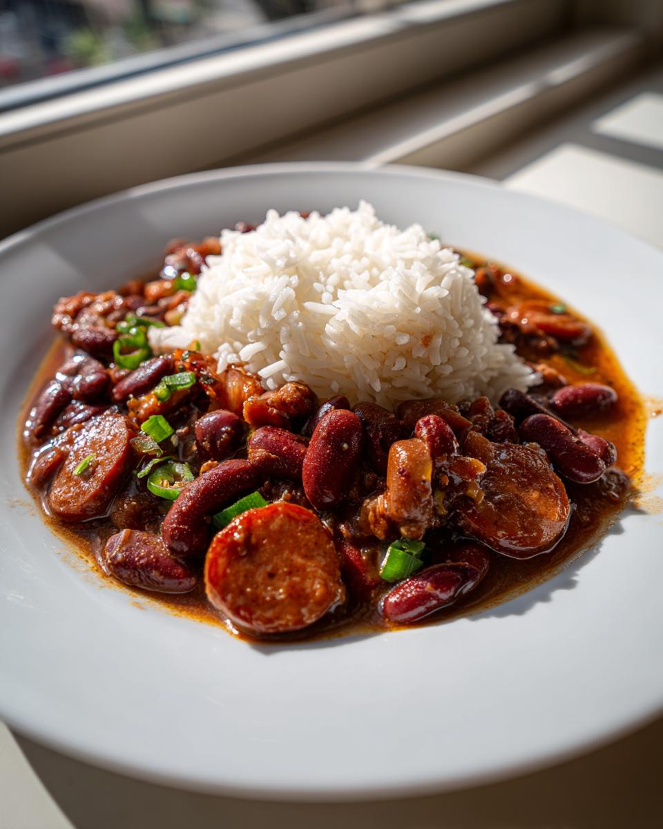 A close-up of amazing red beans and rice served with sliced sausage and green onions.