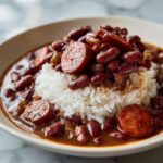 A close-up of amazing red beans and rice topped with slices of smoked sausage in a creamy sauce.