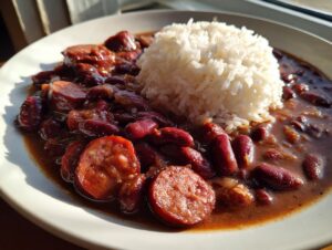 A close-up, sunlit plate featuring amazing red beans and rice served with slices of smoked sausage.