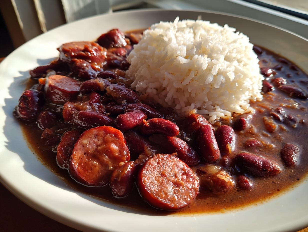 A close-up, sunlit plate featuring amazing red beans and rice served with slices of smoked sausage.