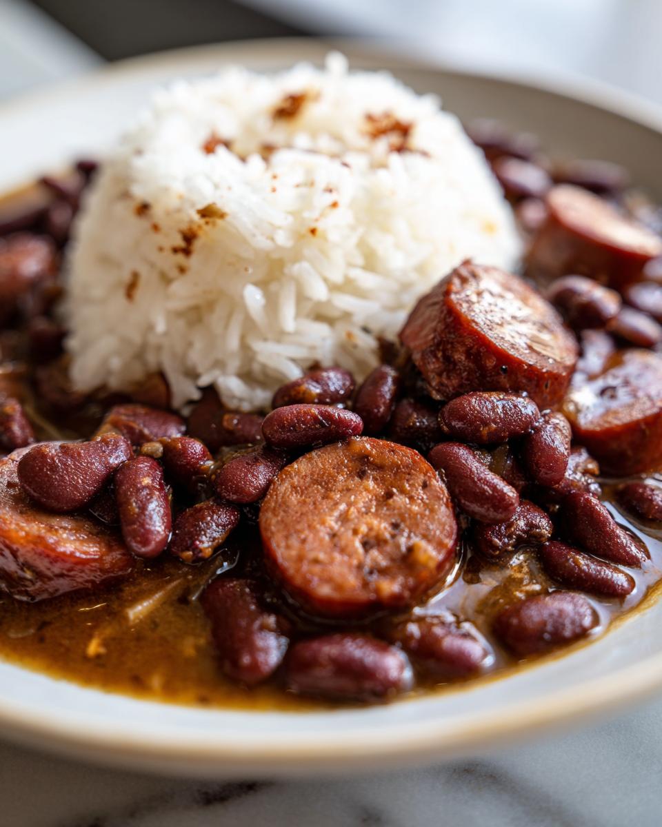Close-up of a bowl of amazing red beans and rice topped with sliced smoked sausage and a sprinkle of seasoning.
