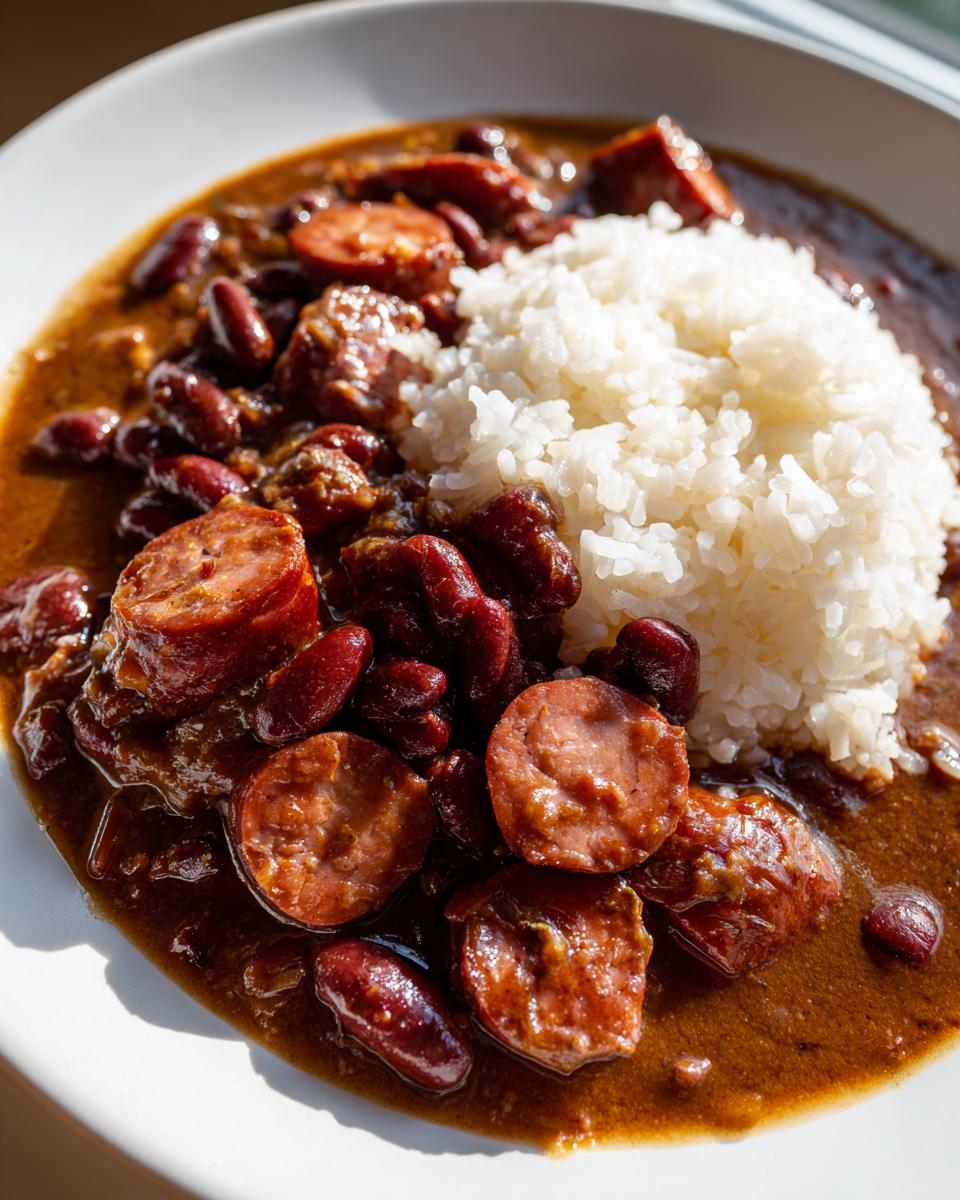 Close-up of a bowl of amazing red beans and rice topped with slices of smoked sausage.