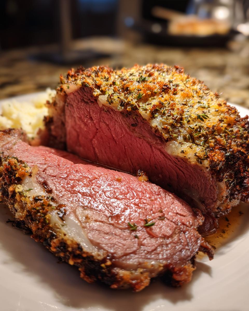 Close-up of a perfectly cooked, medium-rare rib roast sliced open, showing a thick herb crust.