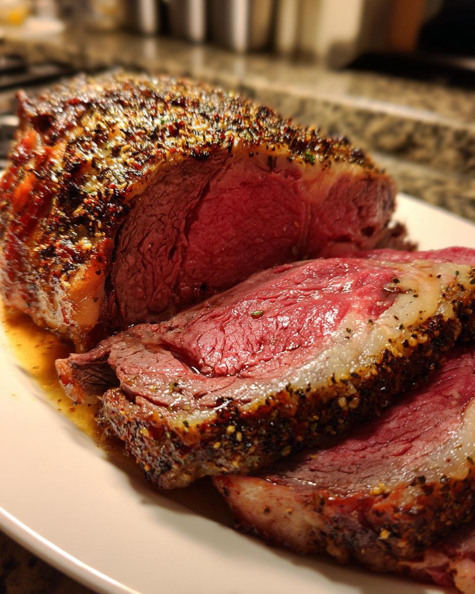 Close-up of a perfectly cooked, medium-rare rib roast, sliced to show the seasoned crust and juicy pink center.