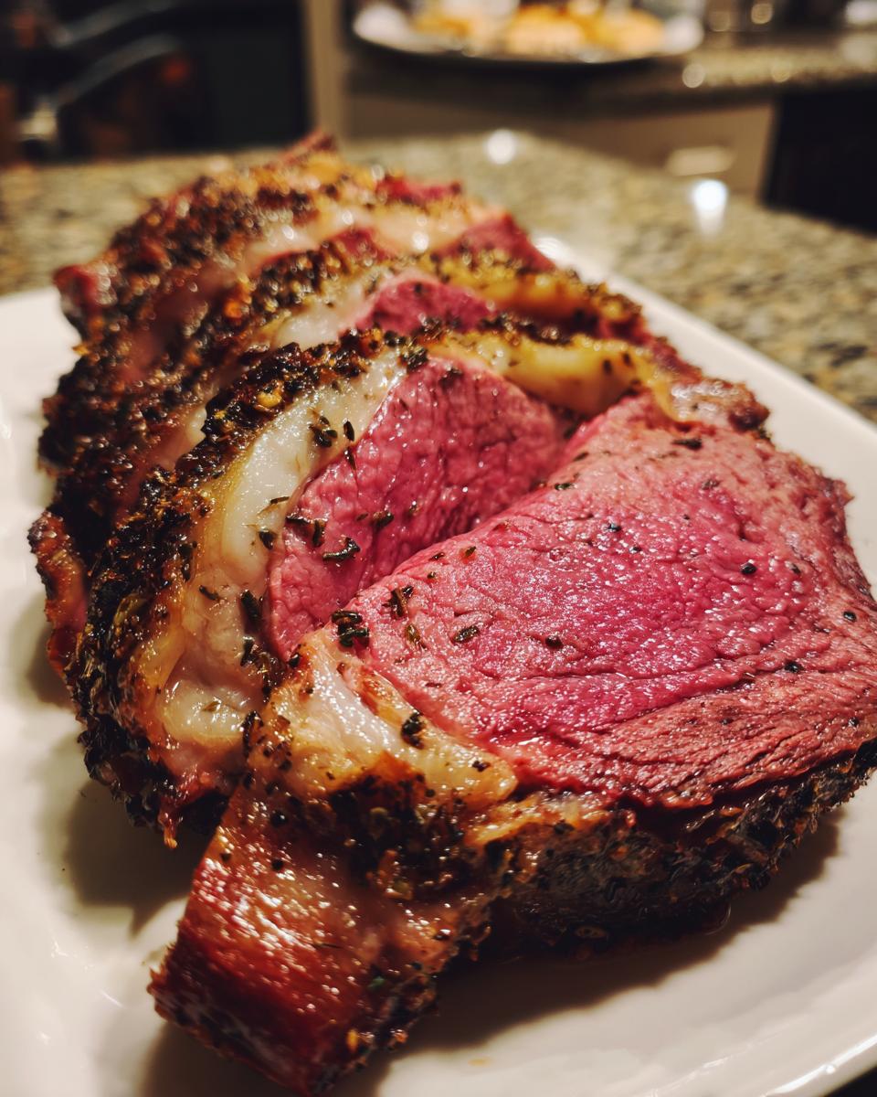 Close-up of several slices of medium-rare rib roast showing a dark herb crust and bright pink interior.