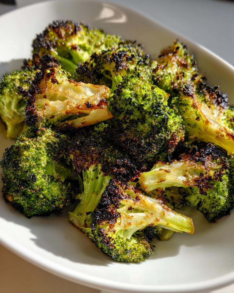 Close-up of bright green roasted broccoli florets with crispy, dark charred edges on a white plate.